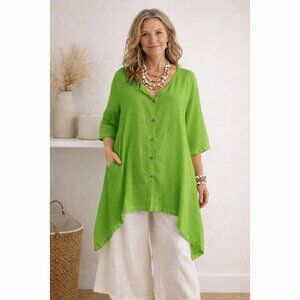 BRYN WALKER | Green 100% Linen SharkBite Hem Button Up Tunic Blouse Laganlook S